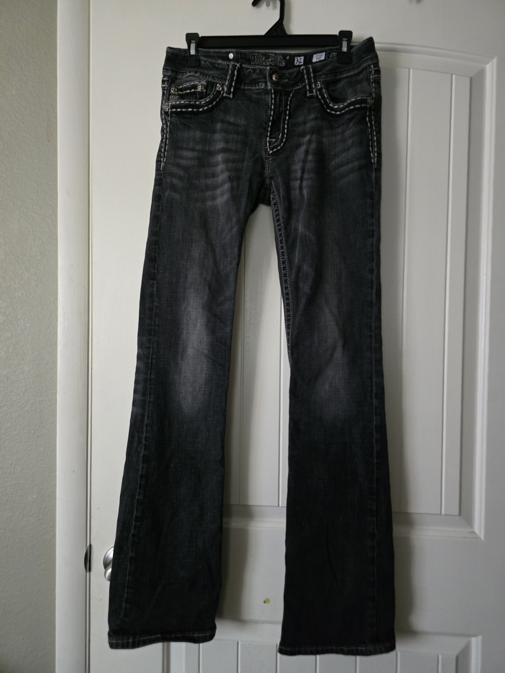 Miss Me Black Wash Wide Leg Jeans with White Contrast Stitching